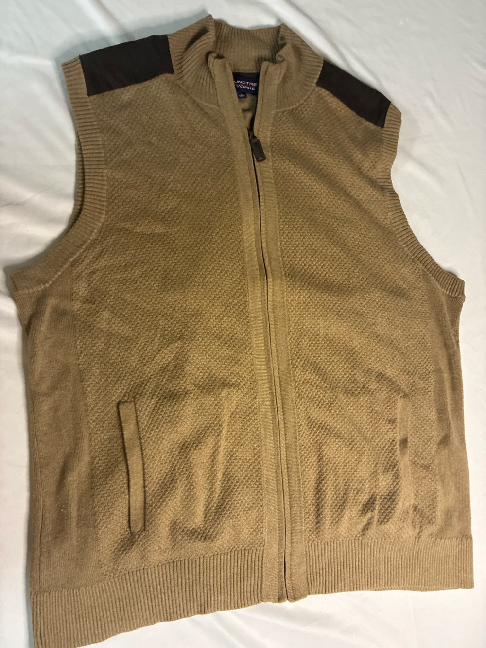 Round tree & York Camel Knit Zip Front Vest with Dark Shoulder Panels